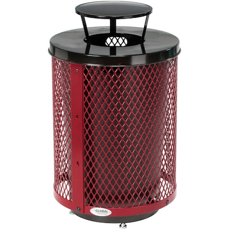 Global Industrial Outdoor Diamond Steel Trash Can W/Rain Bonnet Lid & Base, 36 Gallon, Red 261926RDD